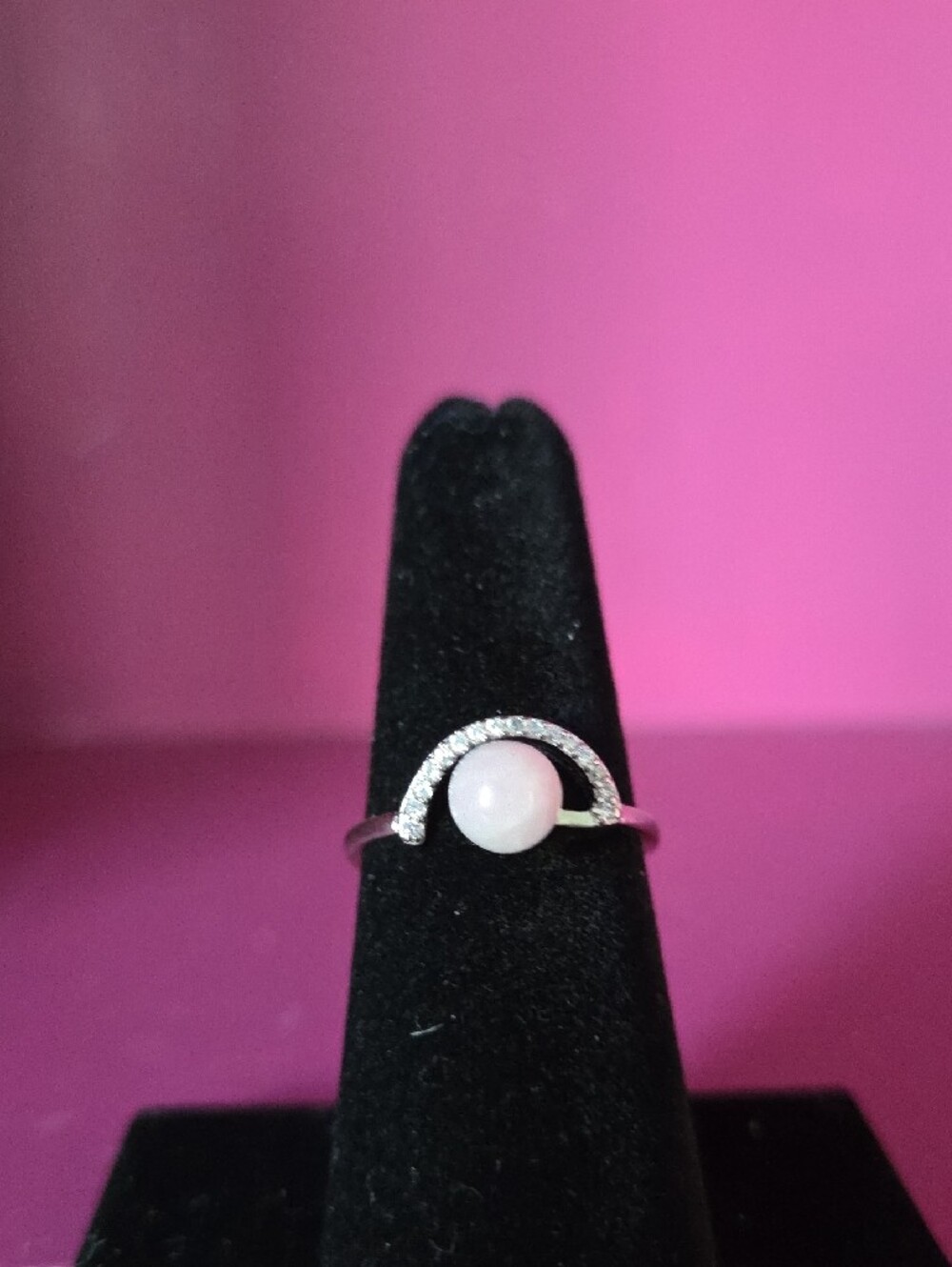 Vintage Crescent Moon Sterling Silver & Rose Quartz Ring